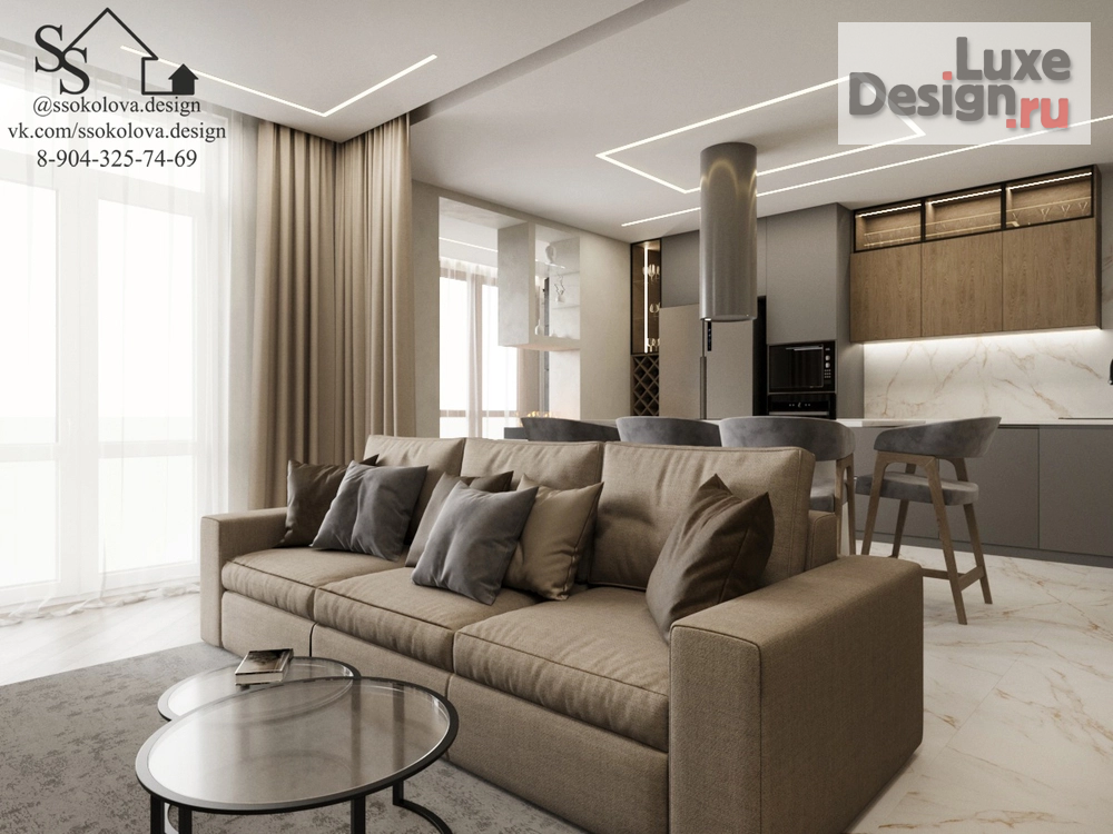 Дизайн интерьера гостиной "Кухня-гостиная ЖК Золотой Парус" (фото 1)