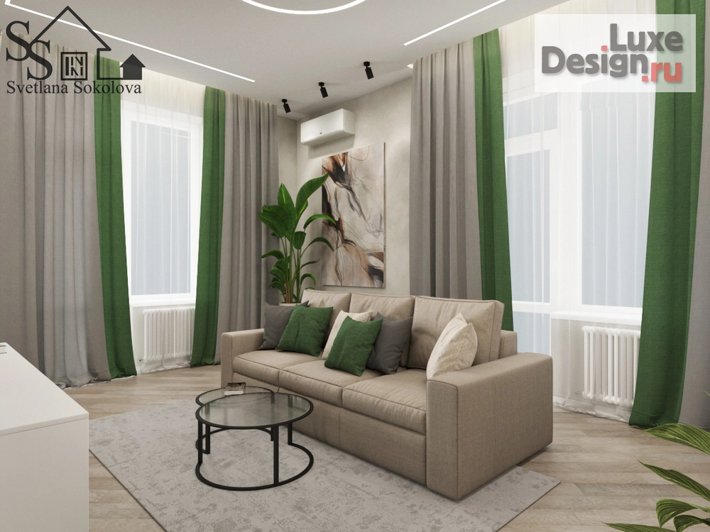 Дизайн интерьера гостиной "Гостиная с зелёным акцентом" (фото 1)
