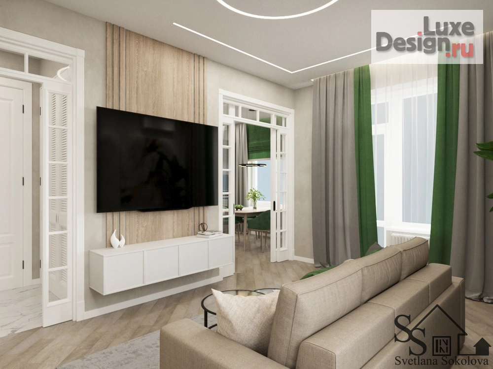 Дизайн интерьера гостиной "Гостиная с зелёным акцентом" (фото 2)